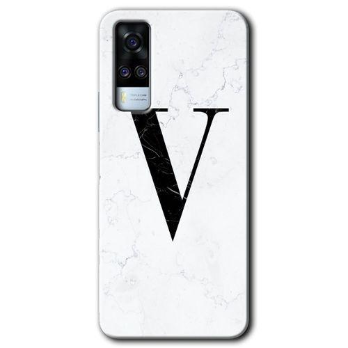 Vivo Y51a HD Baskılı Kılıf + 9D Tam Ekran Koruyucu - Beyaz Mermer Desenli V Harfi