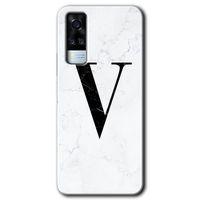 Vivo Y51a HD Baskılı Kılıf + 9D Tam Ekran Koruyucu - Beyaz Mermer Desenli V Harfi