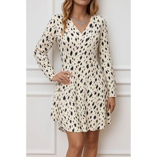 Kadın Uzun Kollu V Yakalı Desenli Kısa Keten Elbise