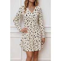 Kadın Uzun Kollu V Yakalı Desenli Kısa Keten Elbise
