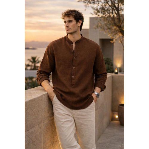 Hafif ve Nefes Alabilir Erkek Müslin Yarım Pat Hakim Yaka Oversize Gömlek - Kahve