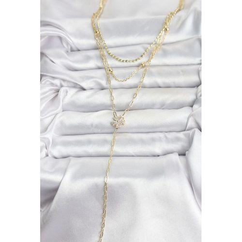 Pirinç Gold Renk Zirkon Taşlı Çiçek Model Detaylı 3'lü Kombin Y Kadın Kolye