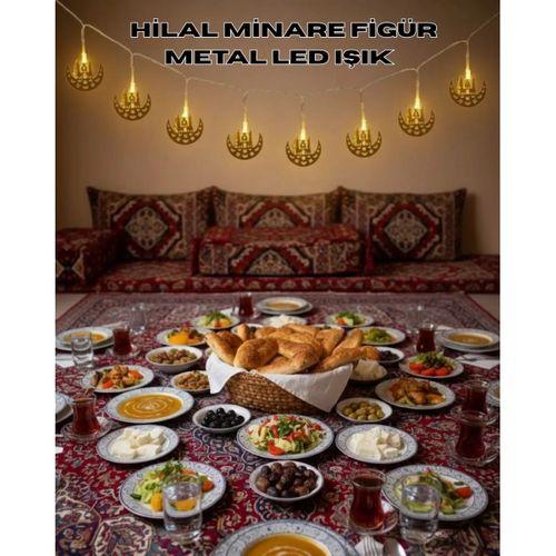 Pilli Minareli Hilal Led Işık Gold Metal Ramazan Dekorasyonu