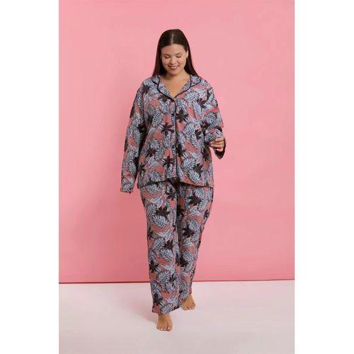 Kadın Büyük Beden Somon Yaprak Desenli Düğmeli Pijama Takımı