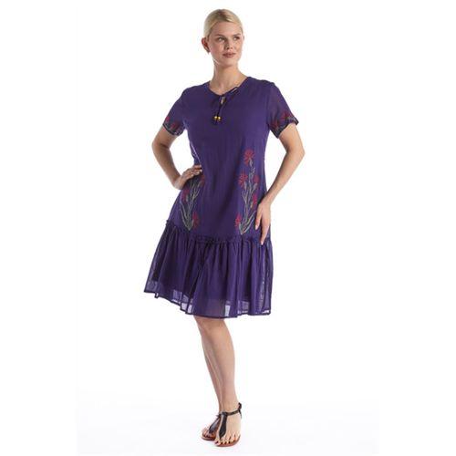 Kısa Kol Mor Bağcıklı V Yaka Nakışlı Yazlık Vual Kısa Elbise