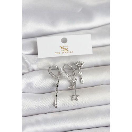 Pirinç Gümüş Renk Zirkon Taşlı Gece Temalı 3'lü Kadın Küpe