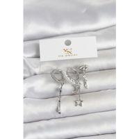 Pirinç Gümüş Renk Zirkon Taşlı Gece Temalı 3'lü Kadın Küpe