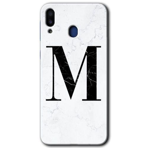 MRCİLETİSİM Samsung Galaxy M10 Kılıf HD Desen Baskılı Arka Kapak + Temperli Cam - Beyaz Mermer Desenli M Harfi
