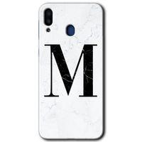 MRCİLETİSİM Samsung Galaxy M10 Kılıf HD Desen Baskılı Arka Kapak + Temperli Cam - Beyaz Mermer Desenli M Harfi