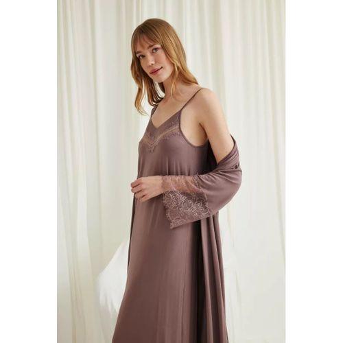 Dekolteli Yakası Ve Kolu Dantelli Sabahlık Takımı