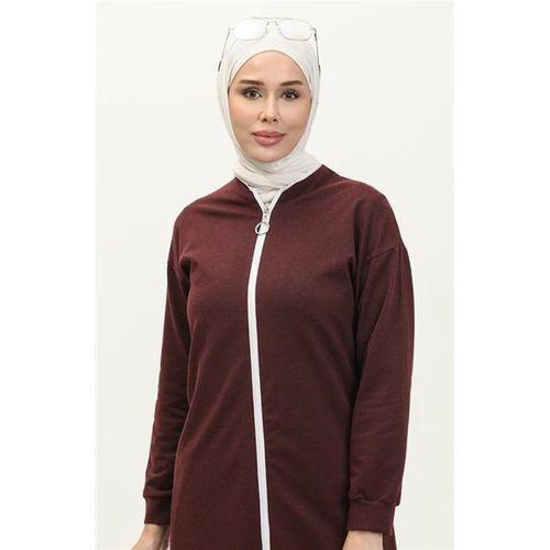 Bisiklet Yaka Fermuarlı Uzun Tunik Sade Basic Spor Takımı - 03044.009 - Bordo
