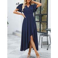 Kadın Kısa Kollu Kruvaze Yakalı ön Asimetrik Volanlı Uzun Ithal Krep Elbise