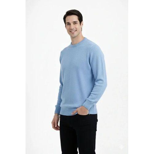 Erkek Bisiklet Yaka Triko Kazak Yumuşak Dokulu Pamuklu Ince Dokuma, Uzun Kollu Rahat Regular Kalıp - Açık Mavi