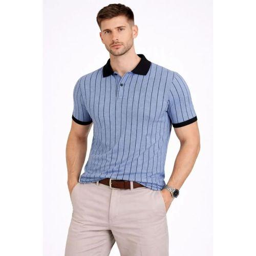 Erkek Polo Yaka Çizgili Tişört Kısa Kol Düğmeli Yazlık T-Shirt - Bebek Mavisi