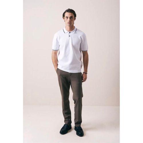 Austen Kontrast Biyeli Düğmeli Polo Yaka Kısa Kollu İnce Triko Erkek T-Shirt - Ekru