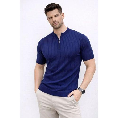 Erkek Kısa Kol Fitilli Triko T-Shirt Yazlık Hakim Yaka Tişört - Lacivert