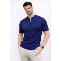 Erkek Kısa Kol Fitilli Triko T-Shirt Yazlık Hakim Yaka Tişört - Lacivert
