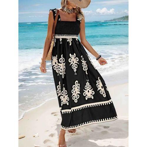 Kadın Askılı Kare Yaka Gipe Detaylı Desenli Suprem Elbise