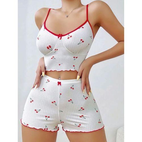 Kadın Vişne Motifli Dantel Askılı Şortlu Rahat Pijama Takımı
