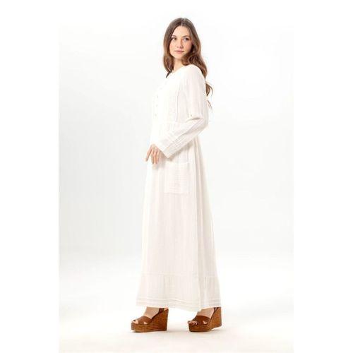 Uzun Kol Dora Yuvarlak Yaka Düğmeli Çift Cepli Yazlık Uzun Müslin Elbise Kırık Beyaz KrkByz