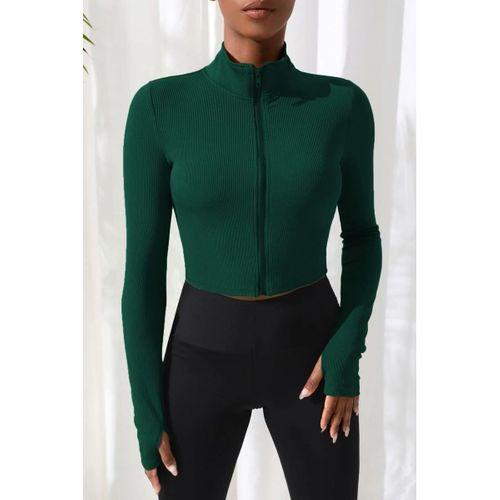 Yeşil Dik Yaka Fermuarlı Uzun Kollu Parmak Geçmeli Crop Top Spor Bluz