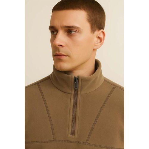 Crowe Çizgi Şeritli Oversize Yarım Fermuar Polar Erkek Sweatshirt - Bej