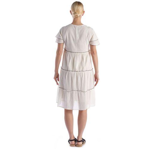 Kısa Kol Pullu Krem V Yaka Şile Bezi Yazlık Midi Boy Elbise