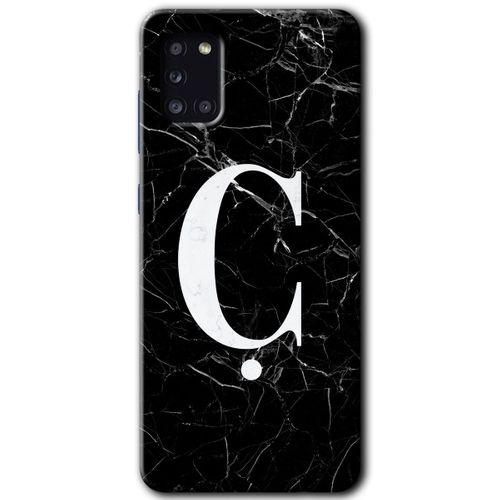 MRCİLETİSİM Samsung Galaxy A31 Kılıf HD Desen Baskılı Arka Kapak + Temperli Cam - Siyah Mermer Desenli Ç Harfi