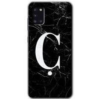 MRCİLETİSİM Samsung Galaxy A31 Kılıf HD Desen Baskılı Arka Kapak + Temperli Cam - Siyah Mermer Desenli Ç Harfi