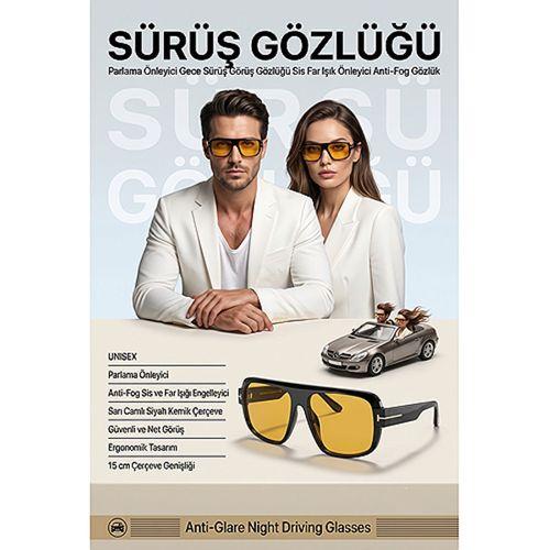 Parlama Önleyici Gece Sürüş Gözlüğü - Anti-Fog Sis ve Far Işığı Engelleyici Sarı Camlı Siyah Kemik Çerçeveli Sürüş Görüş Gözlüğü 723382