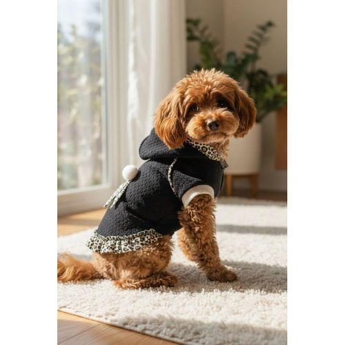 Siyah Leopar Desenli Kapüşonlu Köpek Elbisesi | Polar Kumaş | 5,5 - 7 KG