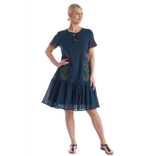 Kısa Kol Petrol Bağcıklı V Yaka Nakışlı Yazlık Vual Kısa Elbise