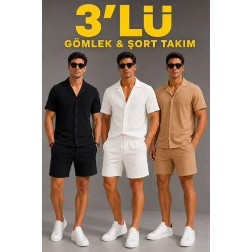 Erkek 3’lü Krep Kumaş Cepli Gömlek Şort Takım Kısa Kollu Bağcıklı - Siyah , Beyaz , Bej