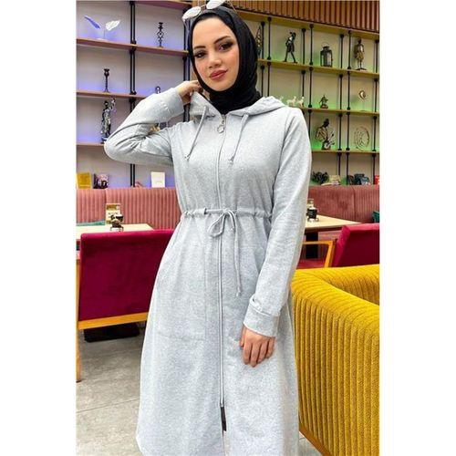 Kapşonlu Belden Bağlamalı Fermuarlı Sade Basic Uzun Tunik ve Pantolon İkili Spor Takım - 03065.008 - Gri