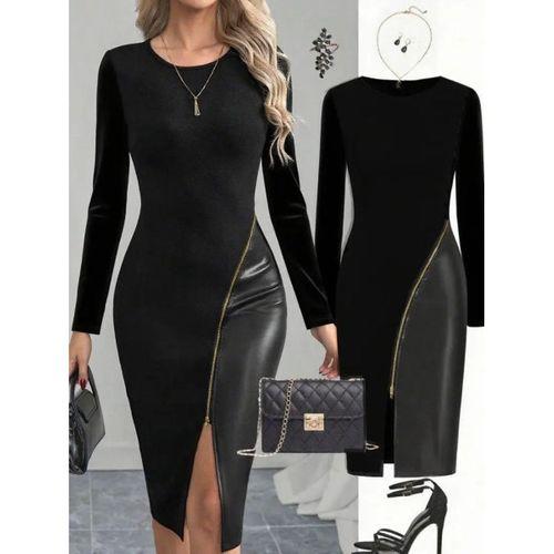 Kadın Bisiklet Yaka Uzun Kollu Deri Ve Fermuar Detay Mini Yırtmaçlı Elbise
