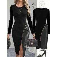 Kadın Bisiklet Yaka Uzun Kollu Deri Ve Fermuar Detay Mini Yırtmaçlı Elbise