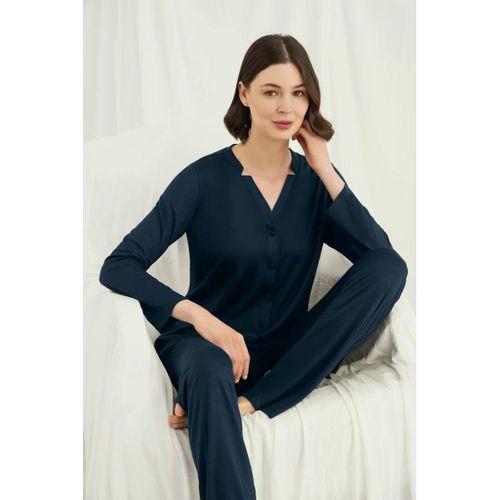 Uzun Kollu Boydan Düğmeli V Yaka Pijama Takımı