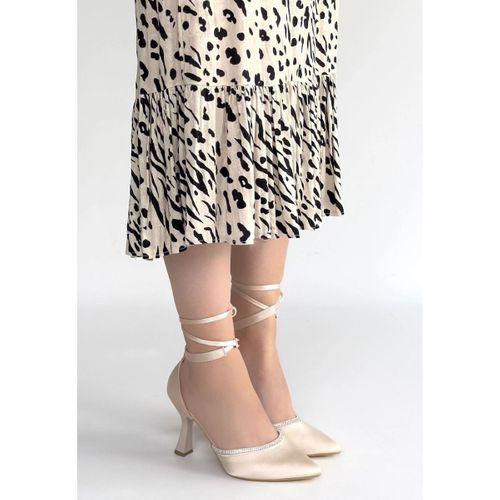 Tenja Bej Saten Bilekten Bağcıklı Topuklu Ayakkabı