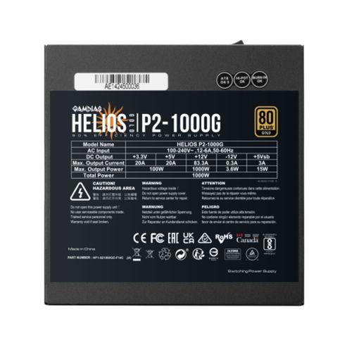 GAMDIAS HELIOS P2-1000G, 1000W, 80+ Gold, Full Modüler, Aktif PFC, GAMING, ATX, Power Supply (PSU)