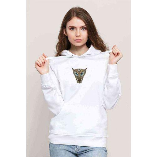 Owl Kuş Baskılı Beyaz Kadın Kapşonlu Sweatshirt