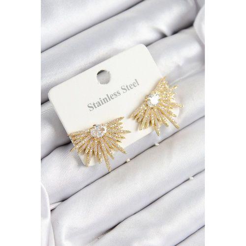 316L Çelik Zirkon Taşlı Yelpaze Model Gold Renk Kadın Küpe