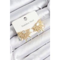 316L Çelik Zirkon Taşlı Yelpaze Model Gold Renk Kadın Küpe