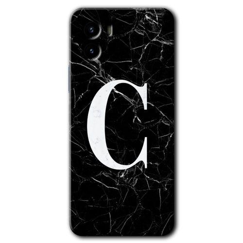 Vivo Y15s Kılıf HD Desen Baskılı Arka Kapak - Siyah Mermer Desenli C Harfi + Kırılmaz Cam