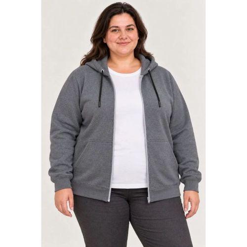 Battal Büyük Beden Üç İplik İçi Şardonlu Kapüşonlu Tam Fermuarlı Kışlık Sweatshirt - Füme