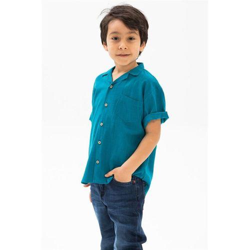 Kısa Kol Şile Bezi Tek Cepli Erkek Yazlık Çocuk Gömlek Petrol 3053