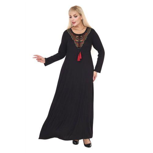 Melsay Butik Siyah Etnik Yaka Kırmızı Püskül Detay Uzun Elbise