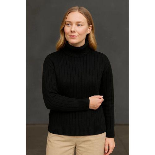 Balıkcı Yaka Bağazlı Triko Kazak Pamuklu Kalın Fitilli Dokuma - Siyah