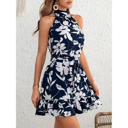 Kadın Omuzlardan Açık Balıkçı Yakalı Kuşaklı Desenli Kısa Süprem Elbise