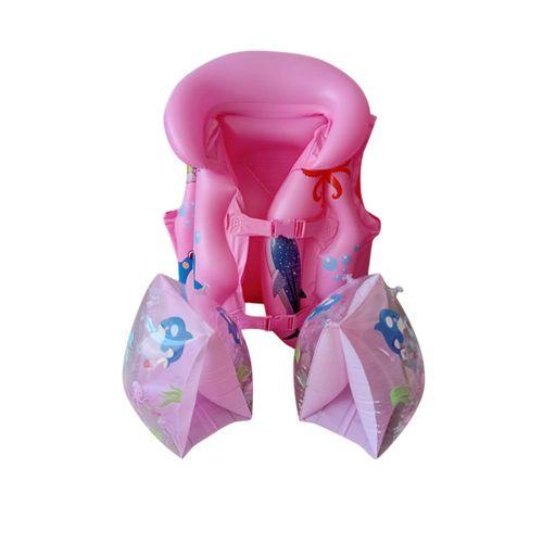 Hayvan Desenli Pembe Şişme Yelek ve Üçgen Şişme Çift Kolluk Takım 3-7 Yaş