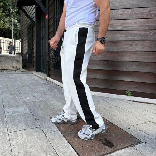 Erkek Üç İplik Kışlık Pamuklu Yandan Garneli Kalın Şeritli Cepli Eşofman Altı - Beyaz